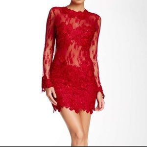 Issue NY Long Sleeve Red Floral Mesh Mini Dress